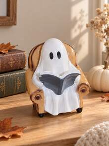 1pc Reading Ghost Figurine, Cute Ghost Sitting In Armchair With Book, Halloween Tabletop Decoration, Soft Spooky Fall Home Decor, Bookshelf Desk Mantel Ornament, Autumn Seasonal Decorative Statue - 1PC - View 5