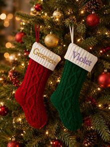 1pc Custom Embroidered Color Block Christmas Stocking, Knitted Xmas Hanging Sock With Personalized Text, 4 Color Options, Fireplace Mantel Home Decor, Unique Holiday Gift For Household Members, Seasonal Wall Hanging Ornament - Multicolor - View 3