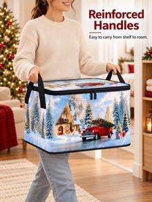 Christmas Foldable Storage Box With Zipper Lid, Foldable Zipper Storage Box, Christmas Storage Bucket With Lid And Handles, Large Capacity Clothing And Bedding Storage Box With Handles, Christmas Tree And Red Truck Pattern Blanket Storage Bucket - Multicolor - View 6