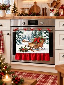 Christmas Sleigh Oven Curtain, Watercolor Winter Forest Cabin Print Ruffle Edge Oven Mitts, Kitchen Decor - Christmas Sleigh Door Curtain - View 9