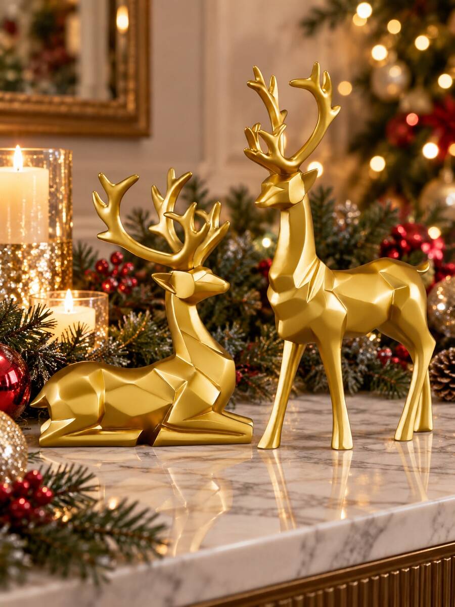 2pcs Gold Reindeer Statue Set, Christmas Decorations 2026, Modern Deer Figurines, Holiday Tabletop Decor For Mantel, Fireplace, Bookshelf, Living Room - Geometric Deer - View 1