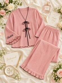 Personalized Bridesmaid Pajama Set, Custom Name Bow Tie PJs, Bridal Party Loungewear, Wedding Morning Pajamas, Bride Gift - Multicolor - View 2
