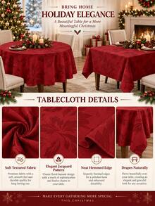 1pc Red Floral Christmas Tablecloth, Elegant Polyester Round Or Square Table Cover With Tonal Botanical Pattern, Soft Washable Dining Table Decor For Christmas Dinner, Holiday Party, Winter Home, Kitchen & Dining Room - Multicolor - View 9