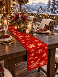 1pc Christmas Table Runner, Red Background With Gold Snowflake Pattern, Winter Holiday Kitchen Dining Table Centerpiece Decor Cloth, Christmas Home Party Table Setting - Multicolor - View 12