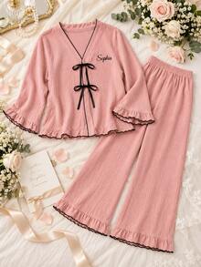 Personalized Bridesmaid Pajama Set, Custom Name Bow Tie PJs, Bridal Party Loungewear, Wedding Morning Pajamas, Bride Gift - Multicolor - View 8