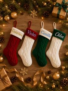 1pc Custom Embroidered Color Block Christmas Stocking, Knitted Xmas Hanging Sock With Personalized Text, 4 Color Options, Fireplace Mantel Home Decor, Unique Holiday Gift For Household Members, Seasonal Wall Hanging Ornament - Multicolor - View 6