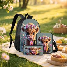 Cute Highland Cow 2D Print 3 Pieces Backpack Set, Large Capacity Backpack With Crossbody Bag And Pencil Case Combination, Side Elastic Mesh Pocket Water Bottle Holder, Wide Breathable Adjustable Shoulder Straps, Fresh Healing Country Style Daily Commute Travel Leisure Storage Bag - Printed Bag - View 7