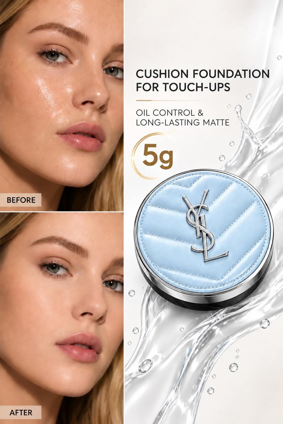 Saint Laurent YSL All-Day Soft Matte Setting Cushion (5g Mini) – Kemasan Kulit Biru Gletser; Ringan, Mengontrol Minyak, Tahan Lama; Portabel, Cocok untuk Penggunaan Sehari-hari dan Perjalanan. - Bantal kulit biru 5g - View 1