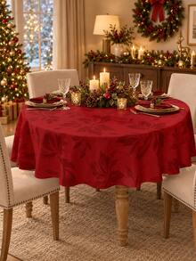 1pc Red Floral Christmas Tablecloth, Elegant Polyester Round Or Square Table Cover With Tonal Botanical Pattern, Soft Washable Dining Table Decor For Christmas Dinner, Holiday Party, Winter Home, Kitchen & Dining Room - Multicolor - View 4