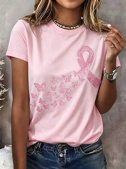 T-shirt de sensibilisation au cancer du sein pour femmes avec imprimé de ruban rose et de papillon - Haut décontracté à manches courtes et col rond, tissu doux et extensible, 95% polyester/5% éla
