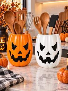 1pc Halloween Pumpkin Face Utensil Holder, 2 Colors Jack-O'-Lantern Kitchen Counter Storage Crock, Decorative Cutlery Container For Kitchen Countertop, Halloween Fall Home Decor, Utensils Not Included - Multicolor - View 7