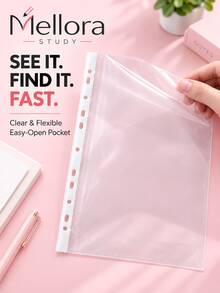 50pcs/100pcs 1pack Clear 11-Hole Binder Pockets, Transparent Plastic Sheet Protector, Loose Leaf Document Storage Pouches For A4 Paper, Office School Filing Supplies - 11-hole Transparent File Bag - View 6