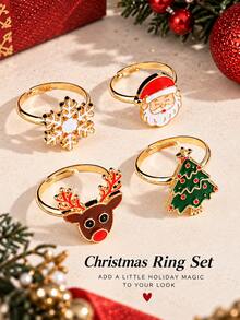 4pcs American Winter Limited Edition Christmas Style Exquisite Women's Ring Set, Small & Beautiful Open Adjustable Finger Ring Set, Fashion Personalized Jewelry Gift Suitable For Daily Wear, Perfect Party And Holiday Gift, Versatile Accessory For Casual And Vacation Outfits For Men And Women - Multicolor - View 5