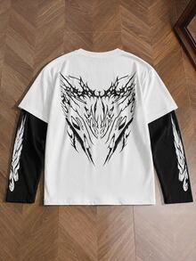 Krometka Men's Dark Thorn Print 2 In 1 Long Sleeve T-Shirt, American Street Style Retro Patchwork Contrast Color Crew Neck Top - White - View 8