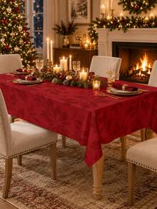 1pc Red Floral Christmas Tablecloth, Elegant Polyester Round Or Square Table Cover With Tonal Botanical Pattern, Soft Washable Dining Table Decor For Christmas Dinner, Holiday Party, Winter Home, Kitchen & Dining Room - Multicolor - View 8