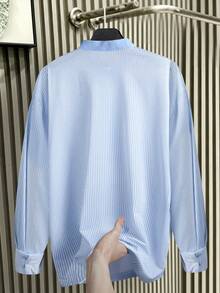 Men's Stand Collar Striped Long Sleeve Shirt, Loose Fit Versatile Half-Button Pullover Blouse, Spring/Autumn - Blue - View 5