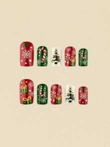 24 Pieces Red And Green Walking Stick Candies Christmas Tree Snowflake Gift Box Christmas Holiday Fake Nails Medium-Long Rectangular Wearing Nails - Multicolor - View 3