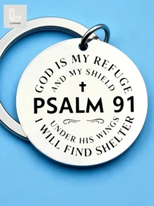 1pc "Psalm 91 God Is My Refuge And My Shield" Round Keychain – Christian Cross Faith Charm | Silver-Tone White Background Bold Text "I Will Under His Wings Find Shelter" | Perfect Gift For Believers, Baptism, Church | Daily Spiritual Protection - Thickened Upgraded Version - View 3