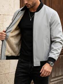 Men's Thick Baseball Collar Jacket, Fleece Lining Zipper Jacket, Versatile Commute Casual Top - Grey - View 1