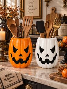 1pc/2pcs Halloween Jack-O'-Lantern Utensil Holder, Pumpkin Face Kitchen Counter Storage Crock, Orange & White 2 Colors, Spooky Tabletop Cutlery Container, Fall Harvest Kitchen Home Decor, Utensils Not Included - Pumpkin Storage - View 13