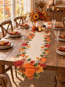 1pc-Thanksgiving Harvest Table Runner, Fall Pumpkin Maple Leaves Cutout Table Runner, Rustic Farmhouse Autumn Table Decor, Seasonal Tabletop Centerpiece For Dining Room Kitchen Party Holiday Home Decor - Multicolor - View 2