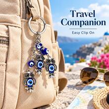 1pc Blue Bead Owl Keychain, 3 Owl Dangle Bag Charm, Vintage-Style Lightweight Key Ring For Handbag, Backpack, Car Keys & Travel - Multicolor - View 2