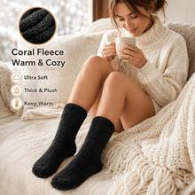 4 Pairs Women's Coral Fleece Mid-Calf Socks, Thick Warm Fuzzy Home Sleep Socks, Soft Plush Non-Shedding Skin-Friendly Elastic Cuff Without Tightening Calves, Bedroom Floor Wearable Winter Indoor Anti-Cold Socks For Girls - Multicolor - View 5