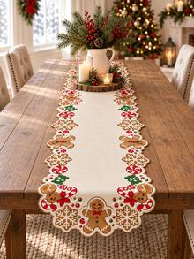1pc-Christmas Gingerbread Man Cutout Table Runner, Xmas Candy Cane Snowflake Table Runner, Rustic Farmhouse Holiday Table Decor, Seasonal Tabletop Centerpiece For Dining Table Kitchen Party Winter Christmas Home Decorations - Multicolor - View 11
