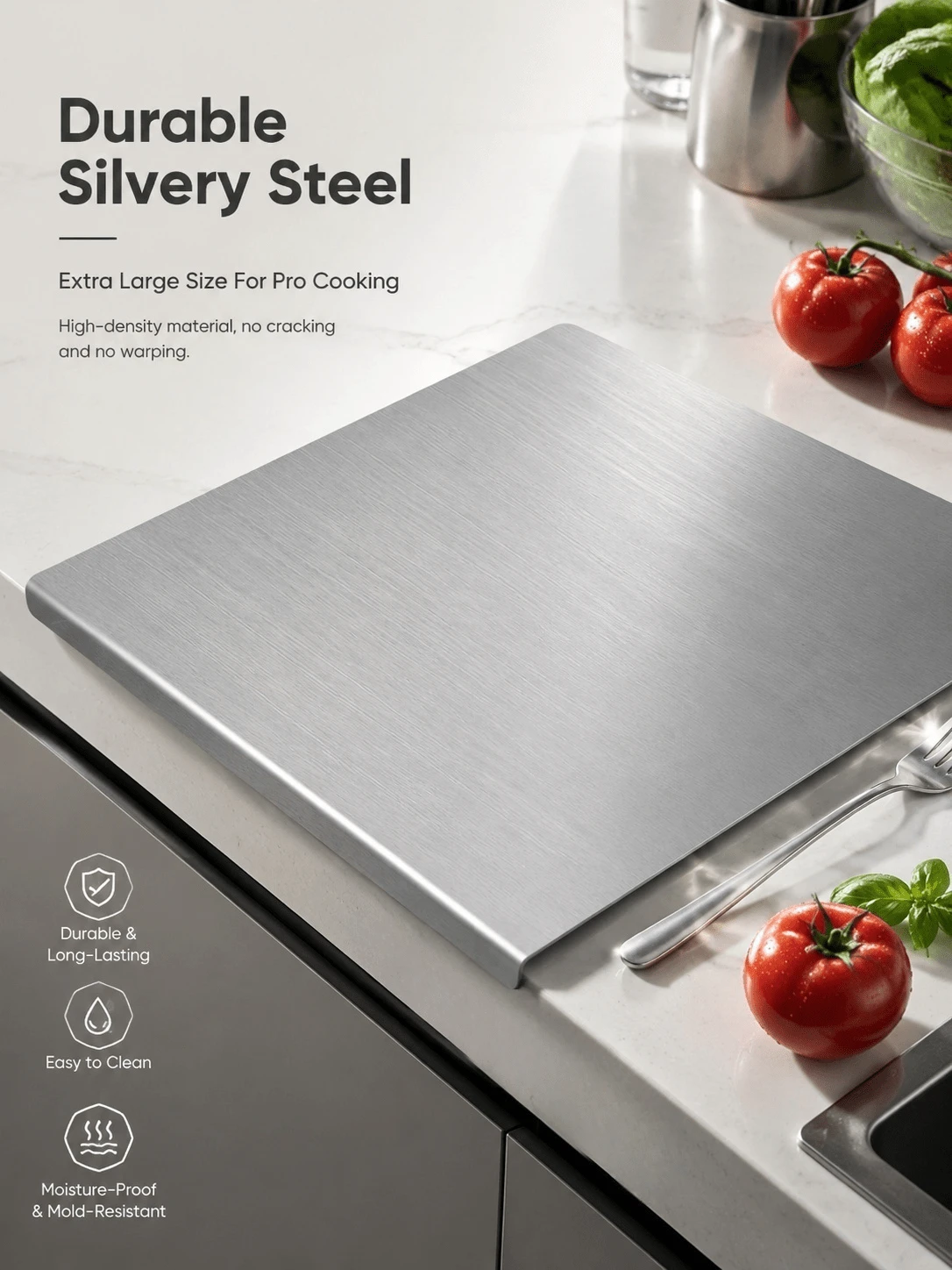 1pc Stainless Steel Cutting Board, Kitchen Essential - Large Stainless Steel Cutting Board With Lid And Non-Slip Pad, Suitable For Countertop, Used For Cutting Meat, Vegetables, Bread And Baking, Kitchen Accessory
