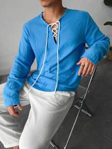 WAIT HIM 100% Cotton Men's Casual Solid Color Long Sleeve Tie-Up Notch Collar Loose Shirt, Spring & Autumn - Blue - View 6