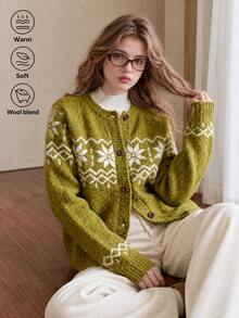 Alicedudu Women's Autumn/Winter Atmosphere Pattern Round Neck Wool Blend Cardigan Sweater - Green - View 1