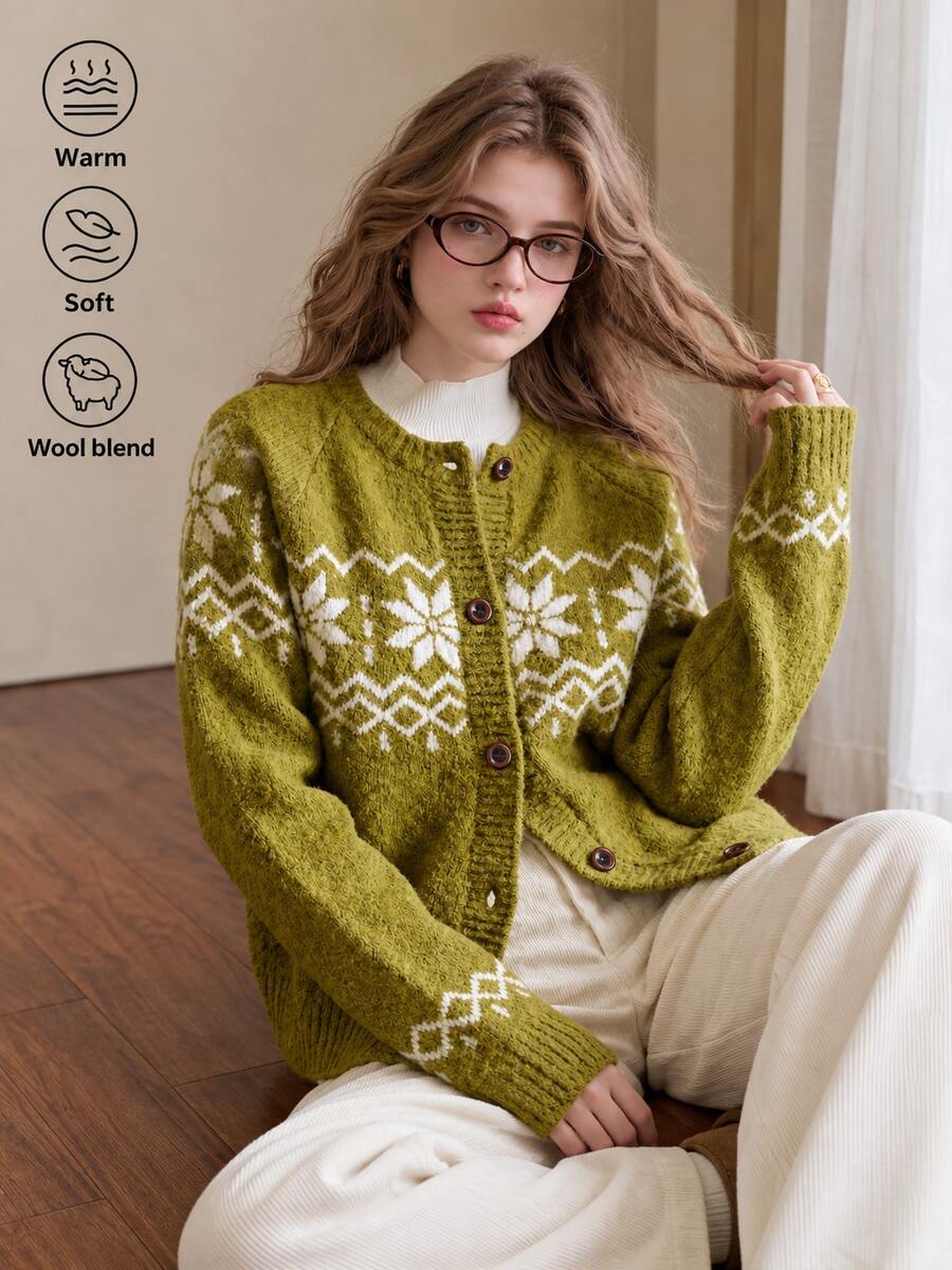 Alicedudu Women's Autumn/Winter Atmosphere Pattern Round Neck Wool Blend Cardigan Sweater - Green - View 1