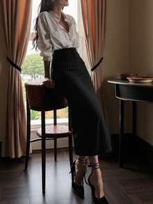 Elegant Commuter Daily Business Old Money Style Leather Striped High Cinched Waist Bodycon Midi Skirt Work Wear Women, Striped - Black - View 6