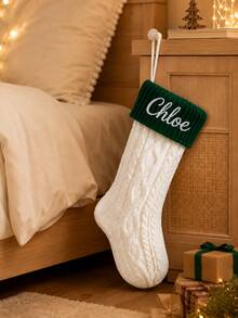 1pc Custom Embroidered Color Block Christmas Stocking, Knitted Xmas Hanging Sock With Personalized Text, 4 Color Options, Fireplace Mantel Home Decor, Unique Holiday Gift For Household Members, Seasonal Wall Hanging Ornament - Multicolor - View 7