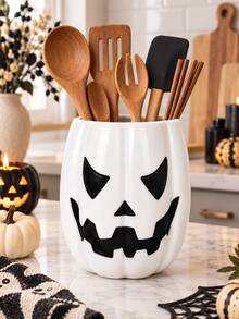 1pc Halloween Pumpkin Face Utensil Holder, 2 Colors Jack-O'-Lantern Kitchen Counter Storage Crock, Decorative Cutlery Container For Kitchen Countertop, Halloween Fall Home Decor, Utensils Not Included - Multicolor - View 12