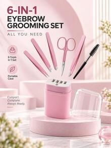 6-In-1 Eyebrow Tweezers Set, Stainless Steel Precision Eyebrow Grooming Tool Kit, Slanted Tip, Pointed Tip, Flat Tip Tweezers, Eyebrow Scissors And Eyebrow Brush, Portable Women's Hair Removal Tool Set, Travel Makeup Accessories - Multicolor - View 2