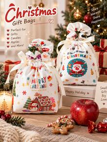 Christmas Drawstring Gift Bag, Santa Snowman Gingerbread House Printed Candy Treat Pouch With Satin Bow Tie, Xmas Holiday Present Wrapping Bag For Christmas Party Gift Giving, Multiple Patterns - Multicolor - View 3
