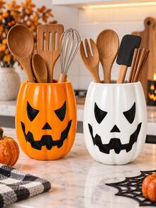 1pc Halloween Pumpkin Face Utensil Holder, 2 Colors Jack-O'-Lantern Kitchen Counter Storage Crock, Decorative Cutlery Container For Kitchen Countertop, Halloween Fall Home Decor, Utensils Not Included - Multicolor - View 1