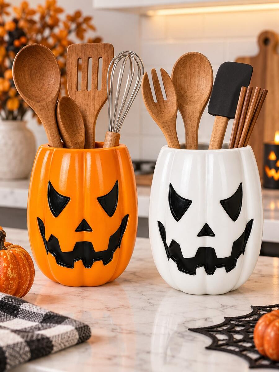 1pc Halloween Pumpkin Face Utensil Holder, 2 Colors Jack-O'-Lantern Kitchen Counter Storage Crock, Decorative Cutlery Container For Kitchen Countertop, Halloween Fall Home Decor, Utensils Not Included - Multicolor - View 1