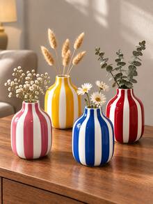 1pc Colorful Vertical Striped Decorative Vase, Dopamine Style Tabletop Vase For Dried Flowers, Home Living Room Desk Ornament - Striped Small Round Bottle - View 2
