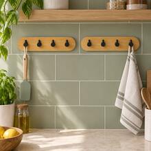2pcs Bamboo & PP Wall-Mounted Hook Rack, Convenient Hanging Storage For Your Home. Each Rack Features 4 Black Hooks With Stopper Design To Prevent Rings And Straps From Slipping. Drill-Free Installation Allows You To Utilize Wall Space To Organize Keys, Hats, Small Towels And Lightweight Accessories; Natural Bamboo Backboard Adds A Warm Texture - View 6