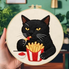1pc 20*20cm/7.9*7.9in Naughty Black Cat Embroidery Kit, DIY Hand Embroidery Set, Suitable For Adult Beginners, Home Decor Gift, Women's Sewing Gift, Includes User Manual, Printed Pattern Fabric, Embroidery Hoop, Needle And Thread - The Mischievous Black Cat - View 6