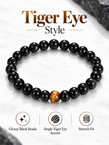 2Pcs 8mm Black Obsidian Tiger Eye Beaded Necklace Bracelet Set For Men Women, Unisex Natural Stone Bead Jewelry Set - Multicolor - View 6