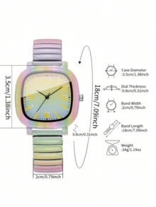 Women's Colorful Rainbow Gradient Square Quartz Wristwatch, Elastic Stretch Band, Casual Y2K Daily Wear Decorative Watch - Multicolor - View 5