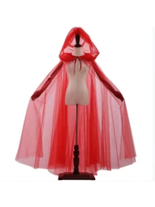 1pc Red/White Bridal Red Bow Hooded Mesh Cape, Ghost Bride Costume, Party Decoration Cloak, Cosplay, Party Outfit, Photo Prop, Christmas Party - Multicolor - View 13