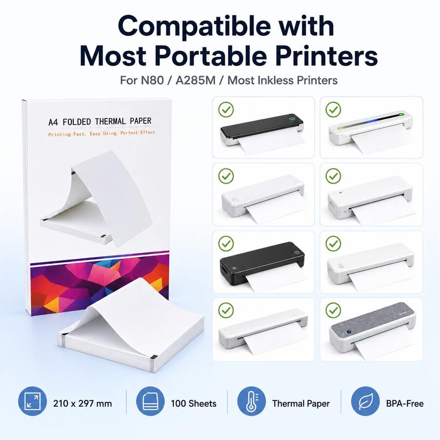 8.5 X 11 Inch A4 Thermal Printer Paper, BPA/BPS-Free, Folded Continuous Paper, Compatible With M08F, MT800, Brother PocketJet PJ762/PJ763MFi (100/200/300 Sheets) - A4 - View 1