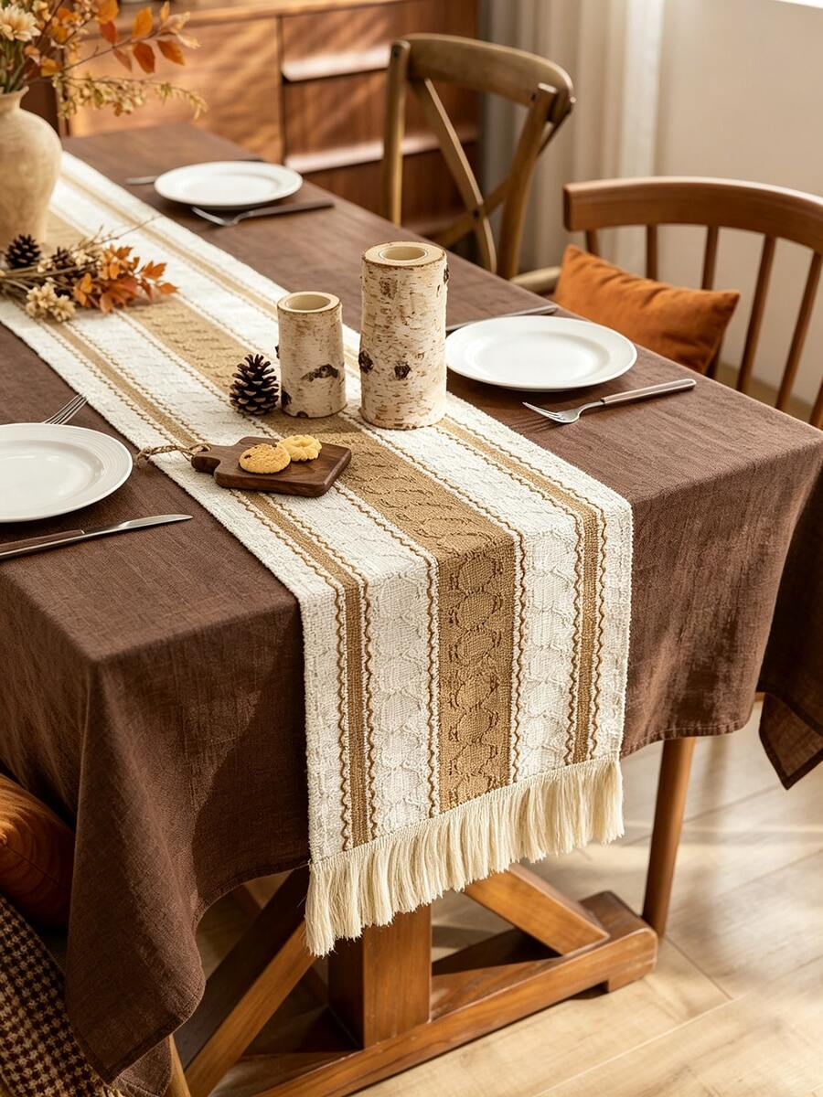 1PC Beige Brown Striped Jacquard Table Runner With Tassels, Boho Farmhouse Rustic Style, Textured Woven Fabric, Lightweight & Washable, Decorative Table Runner For Dining Table, Coffee Table, Wedding, Thanksgiving, Halloween,Autumn Party Decoration - Khaki - View 1