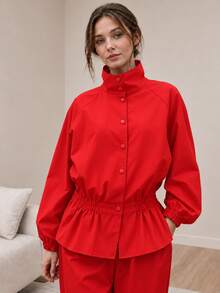 Women's Red Polyester Stand Collar Long Sleeve Jacket With Ruffle And Pocket Details, Non-Stretch Regular Fit - Red - View 4