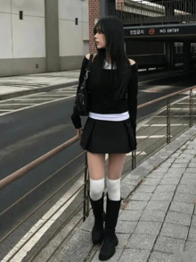 Korean Street Style Sweet & Cool Versatile 2 Pieces Set Patchwork Cold Shoulder Square Neck Top Autumn Outfit - Black - View 3