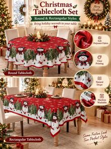1pc Red Snowman Christmas Tablecloth, Festive Polyester Round Or Square Table Cover With Evergreen Garland, Cardinal, Pinecone & Snowflake Border, Soft Washable Holiday Dining Decor For Christmas Dinner, Winter Party, Kitchen & Home - Multicolor - View 9